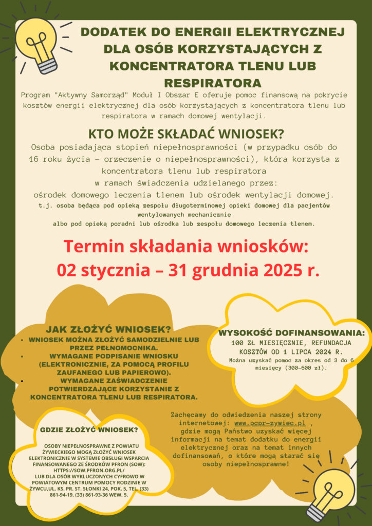 Dodatek do energii elektrycznej dla osób korzystających z koncentratora tlenu lub respiratora - plakat